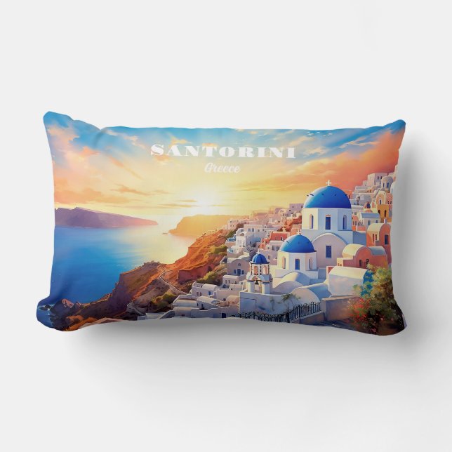 Custom Text Santorini Greece Sunset Lumbar Pillow (Front)