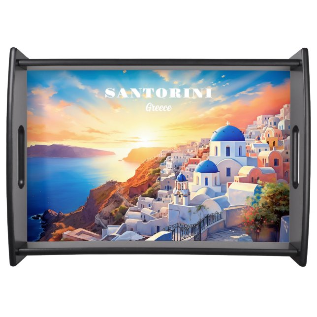 Custom Text Santorini Greece Sunset Serving Tray (Front)