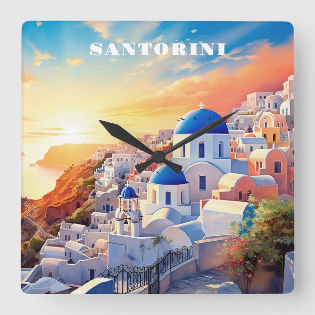 Custom Text Santorini Greece Sunset Square Wall Clock (Front)