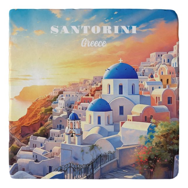 Custom Text Santorini Greece Sunset Trivet (Front)