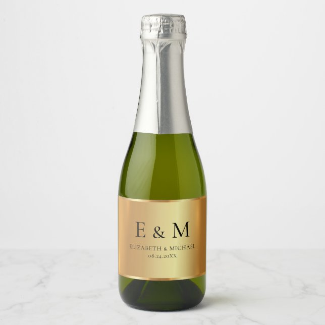 Custom Text Save the Date Glam Gold Monogrammed Sparkling Wine Label (Front)