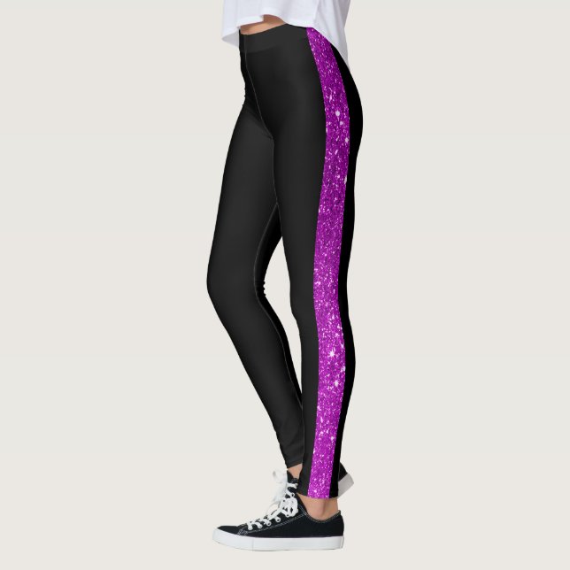 Custom Text Side Stripe Glitter Black Leggings (Left)