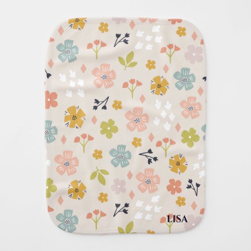 Custom Text Simple Flower and Leaf Pattern Baby Burp Cloth