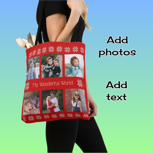 Custom text six photos winter flowers red tote bag