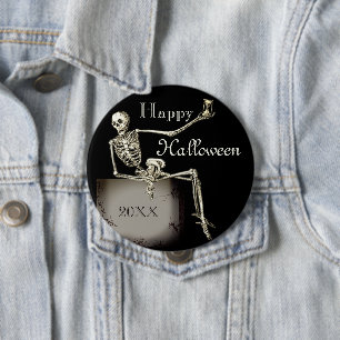 Custom Text Skeleton on Tomb Happy Halloween Button