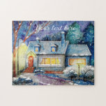 Custom Text  Snow Scene With Lighted Home Jigsaw P Jigsaw Puzzle at Zazzle