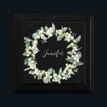 Custom Text Snowberry   Eucalyptus Christmas Gift Box<br><div class="desc">Hand painted snowberries and stems of eucalyptus arranged into a beautiful Christmas wreath against a black background.  All text is fully editable so you can easily add a message and change the font style/color/size/placement. Coordinating items available.</div>