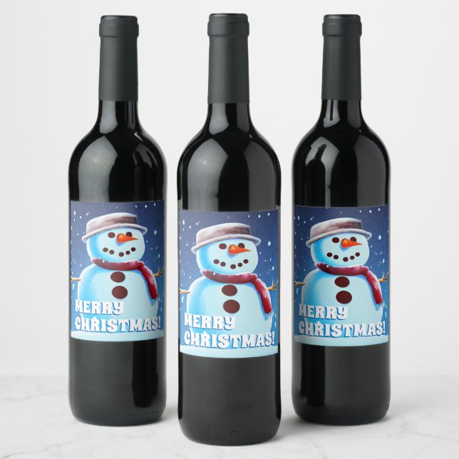 Custom Text Snowman Art 1 Merry Christmas Painting Wine Label (Bottles)