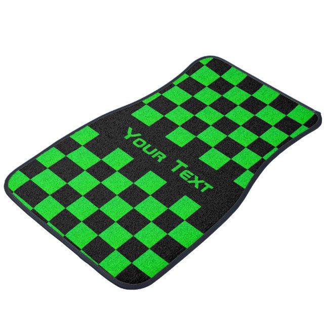 Custom Text Sport Car Floor Mats Black Green Check (Angled)