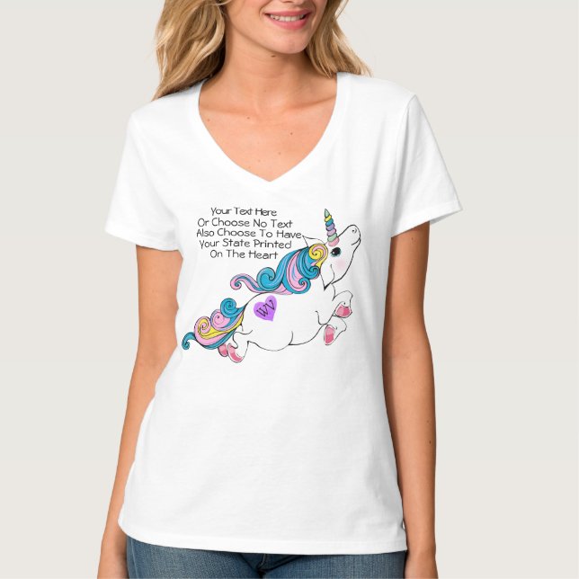 Custom Text/ State Heart Unicorn Pink Blue Purple T-Shirt (Front)