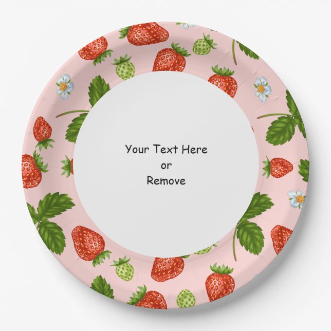 Custom Text Strawberry Pattern Pink Background Paper Plates (Front)
