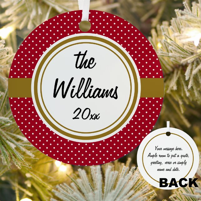 Custom Text, Stylish Gold Red & White Polka Dots Metal Ornament (Creator Uploaded)