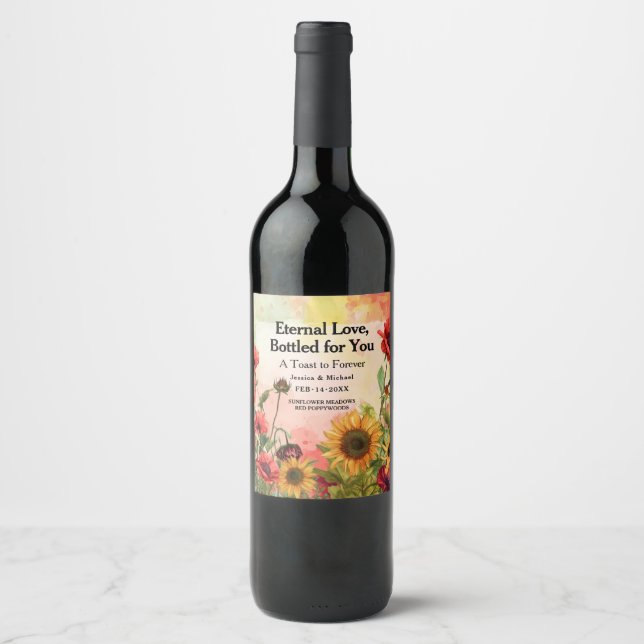 🌻Custom text Sunny Petals & Scarlet Blooms Wine Label (Front)