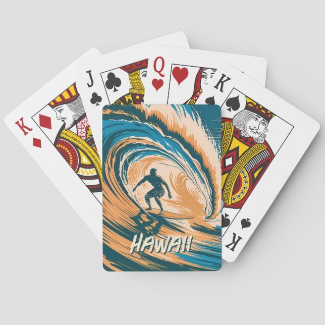 Custom Text Surfer Surfing Waves Minimal Retro Art Poker Cards (Back)
