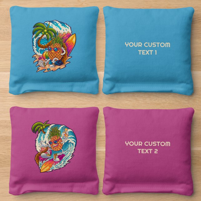 Custom Text Surfing Pineapple Cornhole Bags (Wood)