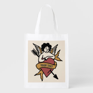 custom text tattoo heart scroll illustration grocery bag