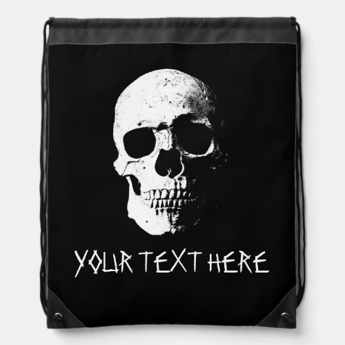Custom Text Template Black And White Pop Art Skull Drawstring Bag