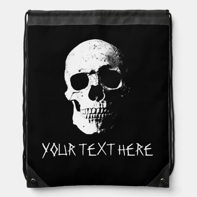 Custom Text Template Black And White Pop Art Skull Drawstring Bag (Front)