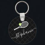 Custom Text Tennis Ball Racket Monogrammed Keychain<br><div class="desc">Black and white personalized keychain with a tennis racket monogram in an elegant and cute calligraphy script font with a subtle net pattern background.</div>