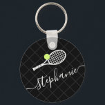 Custom Text Tennis Ball Racket Monogrammed Keychain<br><div class="desc">Black and white personalized keychain with a tennis racket monogram in an elegant and cute calligraphy script font with a subtle net pattern background.</div>