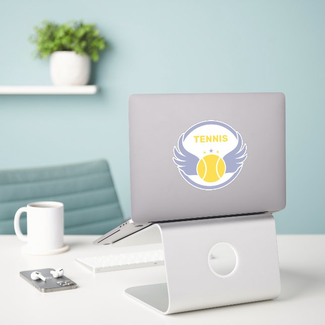 Custom Text Tennis Ball with Wings Sticker (Laptop On Desk)