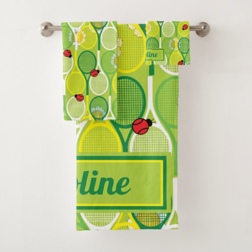 Custom text _ tennis rackets with ladybirds  bath towel set