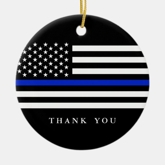 Custom Text Thin Blue Line Patriotic Flag Ceramic Ornament (Front)