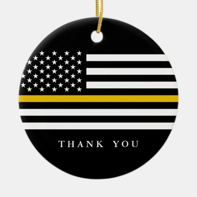 Custom Text Thin Gold Line Patriotic Flag Ceramic Ornament (Front)