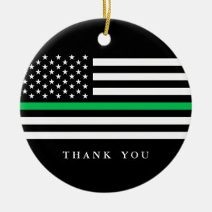 Custom Text Thin Green Line Patriotic Flag Ceramic Ornament