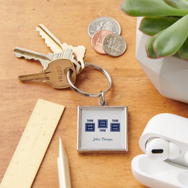 Custom text think outside the box navy business keychain (Desk)