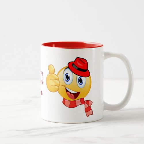 Custom Text Thumbs up Emoji with Hat and Scarf Two_Tone Coffee Mug