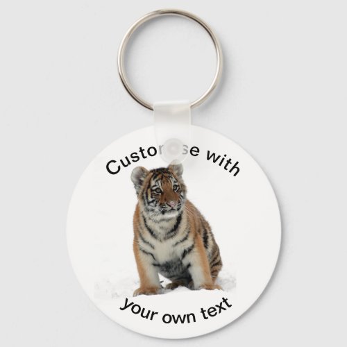 Custom Text Tiger Cub in the Snow Keychain