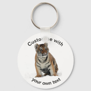 Custom Text Tiger Cub in the Snow Keychain