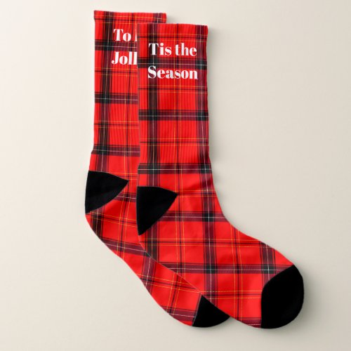 Custom Text Tis the Season Red Plaid Holiday Socks