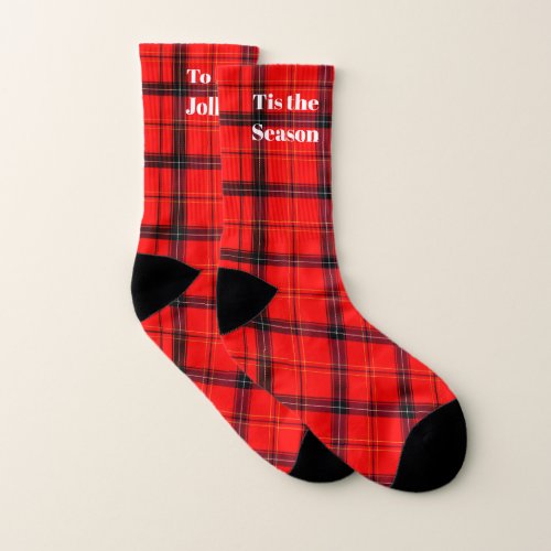 Custom Text Tis the Season Red Plaid Holiday Socks