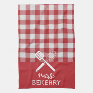 Custom text Trendy classic tartan red white match Kitchen Towel