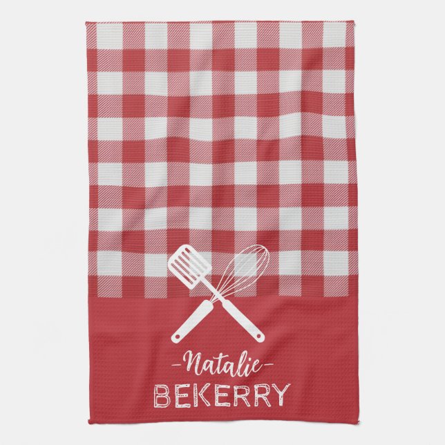Custom text Trendy classic tartan red white match Kitchen Towel (Vertical)