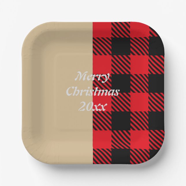 Custom text trendy tartan pattern red brown black  paper plates (Front)