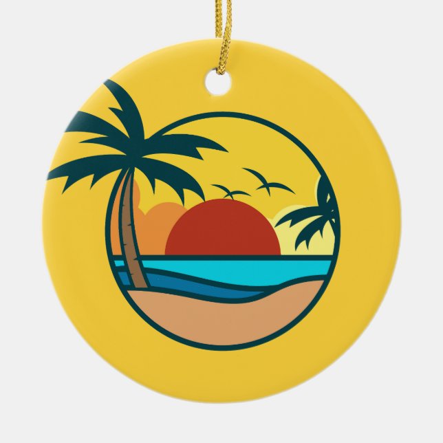 Custom Text Tropical Beach Sunset Ceramic Ornament (Front)