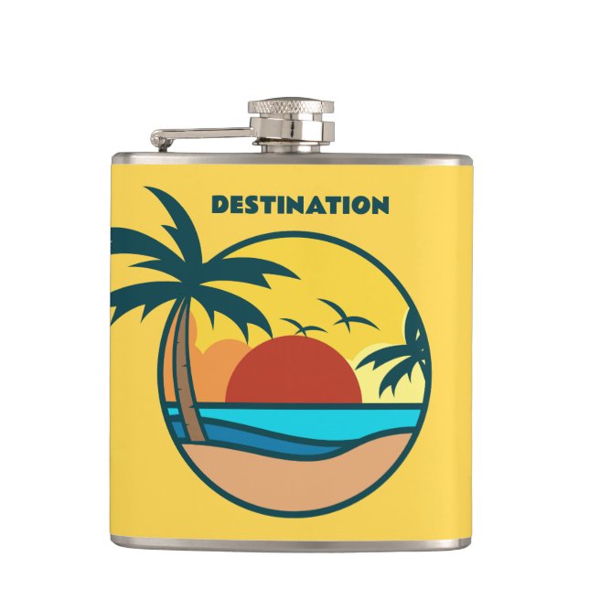 Custom Text Tropical Beach Sunset Flask (Front)