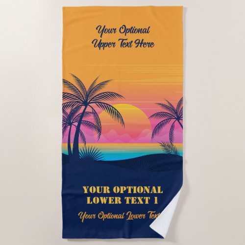 Custom Text Tropical Island Sunset Beach Towel