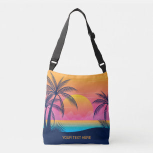 Custom Text Tropical Island Sunset Crossbody Bag