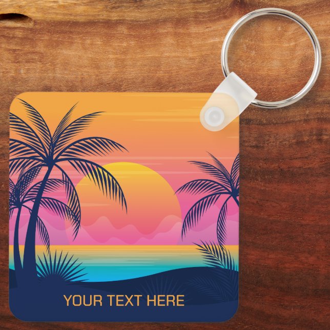 Custom Text Tropical Island Sunset Keychain (Back)