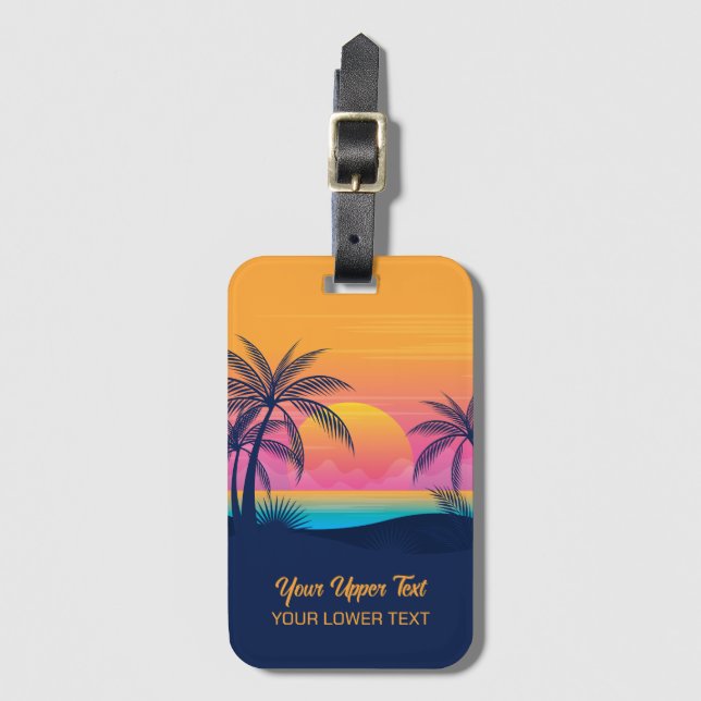 Custom Text Tropical Island Sunset Luggage Tag (Front Vertical)