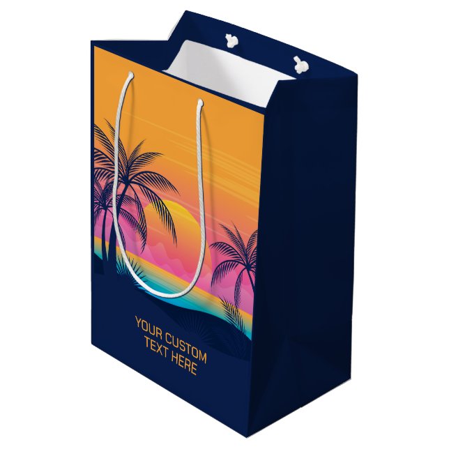 Custom Text Tropical Island Sunset Medium Gift Bag (Back Angled)