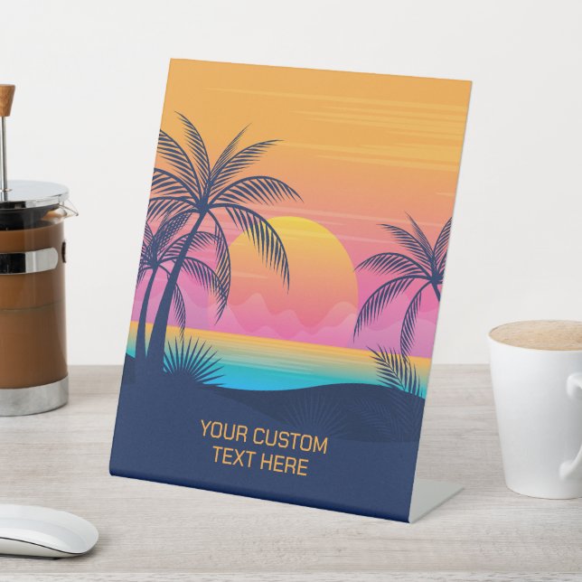 Custom Text Tropical Island Sunset Pedestal Sign (In SItu)