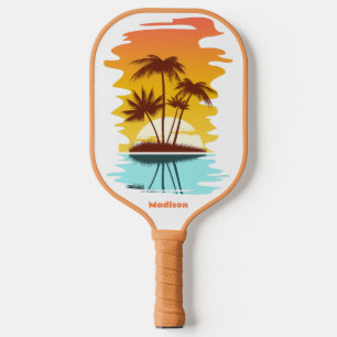 Custom Text Tropical Island Sunset Pickleball Paddle