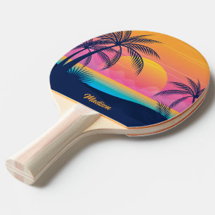 Custom Text Tropical Island Sunset Ping Pong Paddle