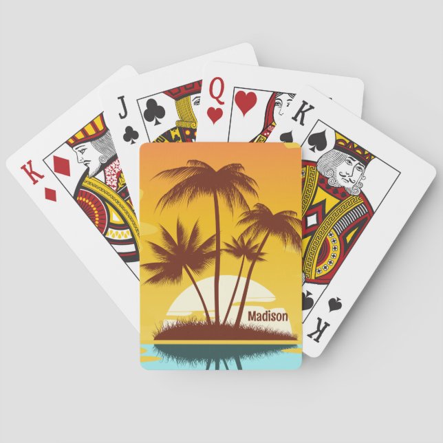 Custom Text Tropical Island Sunset Poker Cards (Back)