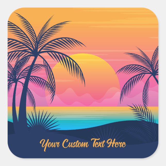 Custom Text Tropical Island Sunset Square Sticker (Front)